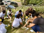 Alunos plantam flores figurativas em alusão ao Maio Laranja