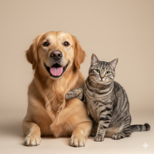 Um cachorro da raça Golden Retriever e um gato malhado cinza sentados juntos de forma amigável em um fundo neutro.