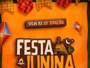 Cartaz oficial da 32ª Festa Junina do Bairro Passagem, em Tubarão (SC). A arte possui fundo laranja com ilustrações de bandeirinhas, balões, girassóis e milho. No centro, o título do evento em destaque e a data de 4 a 14 de junho em uma placa de madeira.